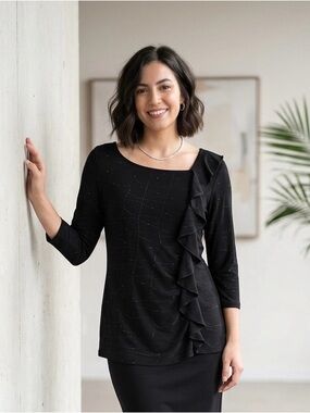 Libra L Black Embellished Ruffle Detail Top - Size L/G